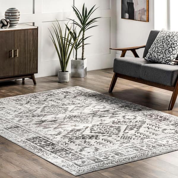 Serena Machine Washable Grey 4 ft. x 6 ft. Distressed Persian Area Rug