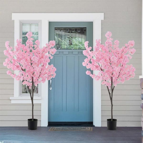 6 .5 ft. 2-Piece Pink Artificial Cherry Blossom Tree with 900 Pink Flowers Cement-Filled