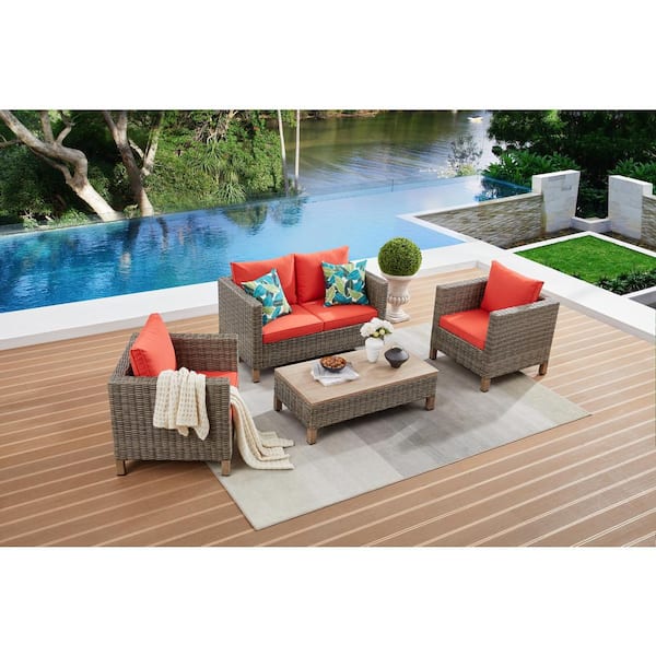 Summax 4-Piece Wicker Patio Conversation Set with Orange Cushions