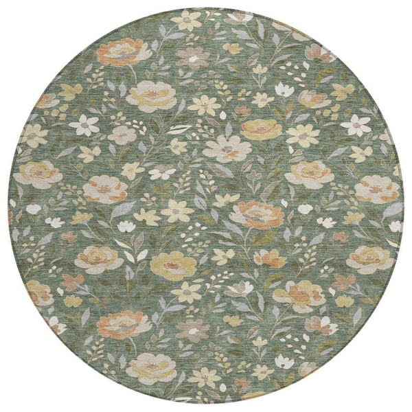 Chantille Machine Washable Indoor/Outdoor Abstract ACN2438 Basil 8 ft. x 8 ft. Round Rug