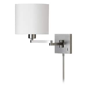 12 in. 1-Light Satin Chrome Swing Arm Wall Lamp with White Fabric Shade