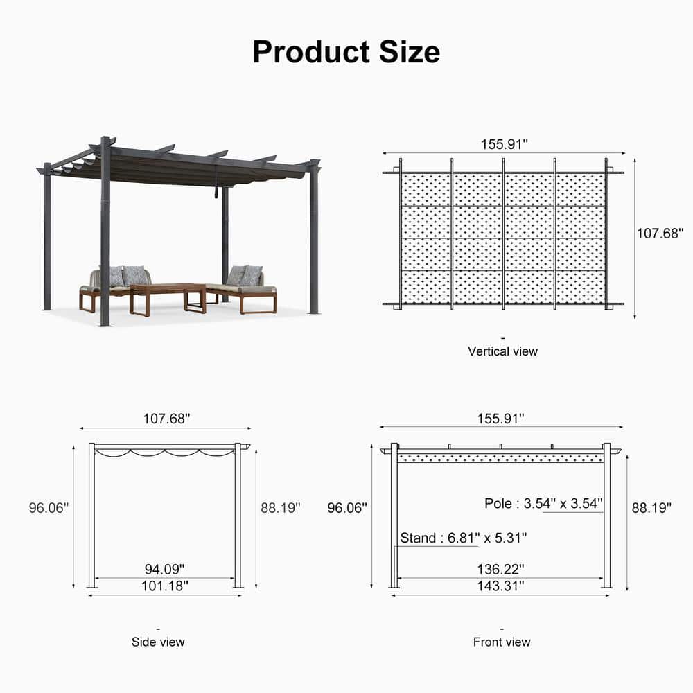 Gray Aluminum 9.5' x 13' Retractable Pergola with Canopy