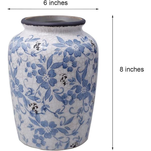 Round Blue Vase Flower Ceramic Porcelain Vintage Chinoiserie