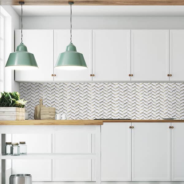 Dreamcicle White 11.875 in. x 11.875 in. Chevron Marble/Gold Metal Floor and Wall Mosaic Tile (9.79 sq. ft./Case)