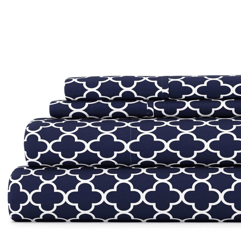 Navy Quatrefoil Microfiber Queen Sheet Set