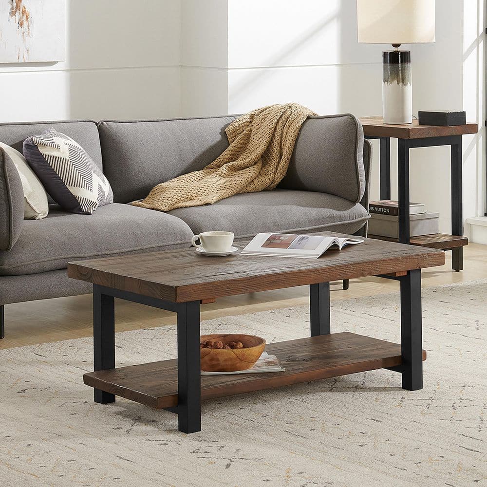 Pomona 42 in. Rustic/Natural Rectangle Wood Top Coffee Table with Shelf