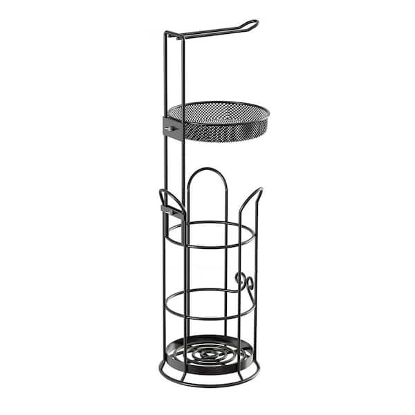 Freestanding No Post Toilet Paper Holder Roll Storage Rack with Dispenser and Raised Base in Black