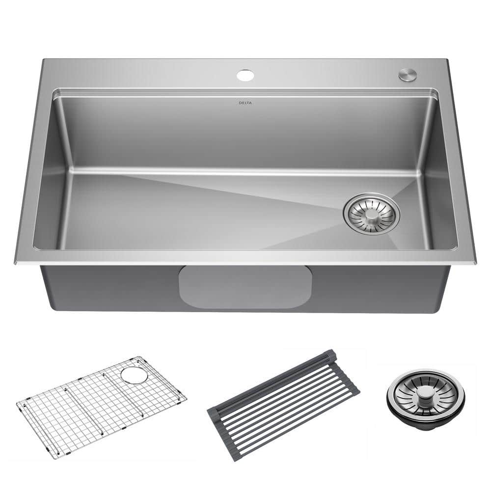 Delta Emery 33 in. Drop-In/Undermount Single Bowl 18 Gauge Stainless Steel  Kitchen Workstation Sink with Accessories 95A9135-33S-SS-3D - The Home 