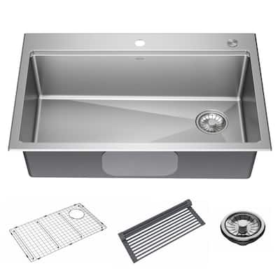 Emery 33 in. Drop-In/Undermount Single Bowl 18 Gauge Stainless Steel Kitchen Workstation Sink with Accessories