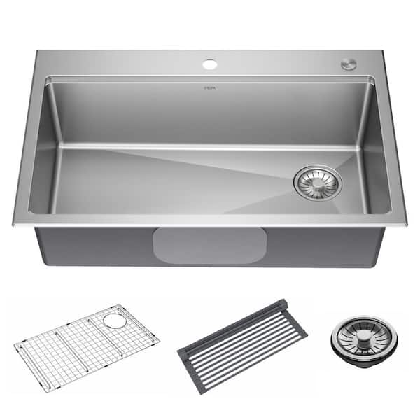 Delta Emery 33 in. Drop-In/Undermount Single Bowl 18 Gauge Stainless Steel Kitchen Workstation Sink with Accessories
