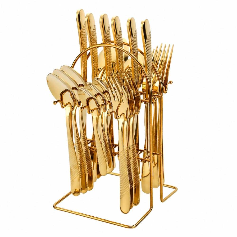24-Piece Gold Stainless Steel Flatware Set with Rack, Mirror Polished ...