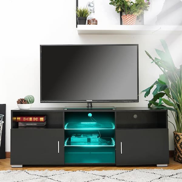 WOODYHOME 57.1 in. Black TV Stand with 2 Storage Drawers and 5 Open Layers  Fits TV\'s up to 65 in. with RGB LED Light POA5642567 - The Home Depot