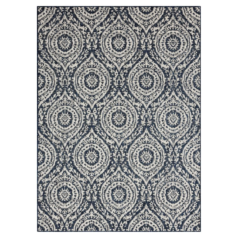 Navy Blue and Ivory Synthetic Moroccan Damask Area Rug