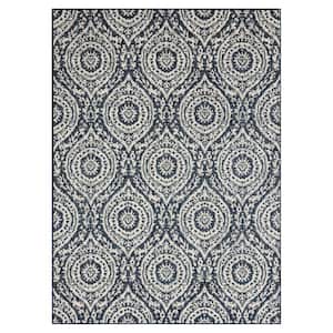 Patio Country Zoe Navy Blue/Ivory 5 ft. x 7 ft. Moroccan Damask Indoor/Outdoor Area Rug
