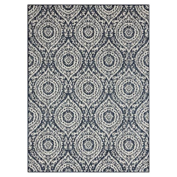 Nicole Miller Patio Country Zoe Navy Blue/Ivory 5 ft. x 7 ft. Moroccan Damask Indoor/Outdoor Area Rug