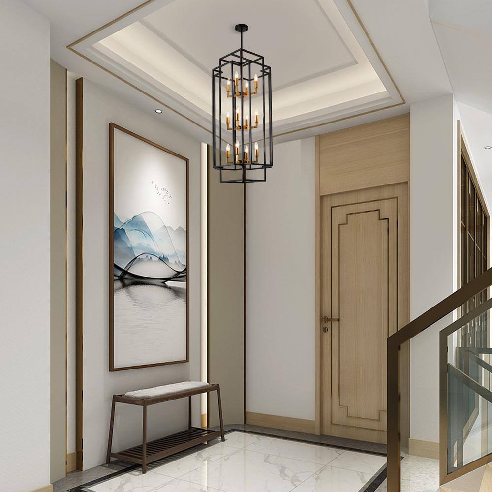 Black and Gold Metal 12-Light Lantern Chandelier