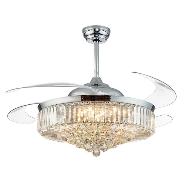 52 in. Indoor Chrome Color Smart Retractable Crystal Ceiling Fan with Adjustable LED Light Included with Remote