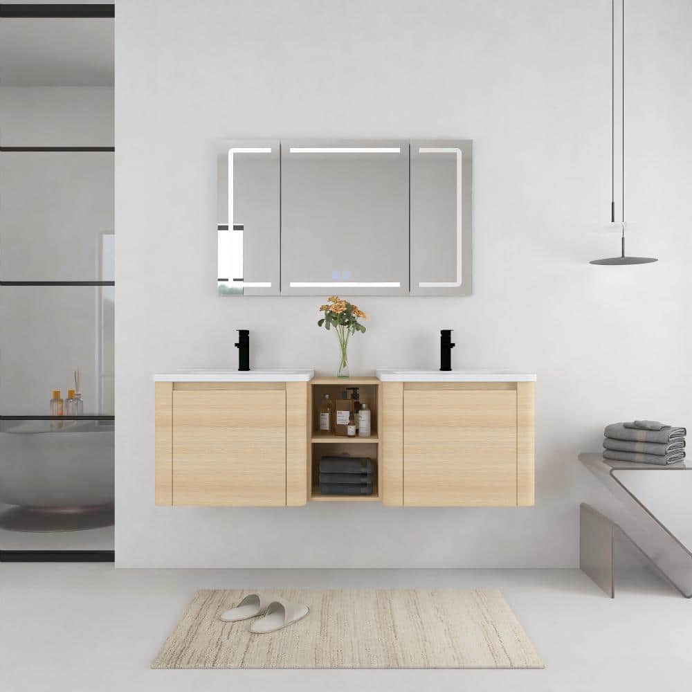 60 in. Double Floating American White Oak Bath Vanity with White Ceramic Top Unassembled price history on PriceWatchPro