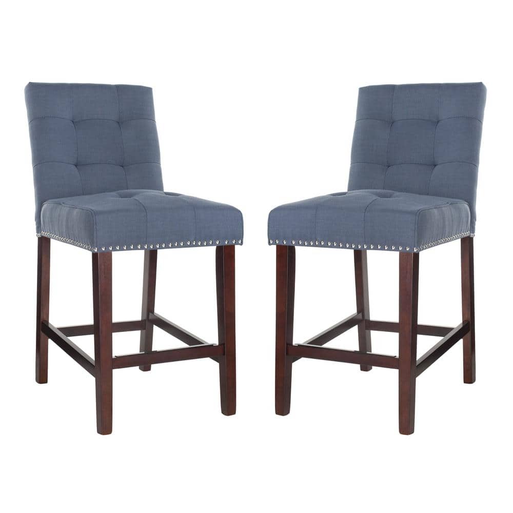Navy Blue Tufted Linen Transitional Counter Stool, Set of 2