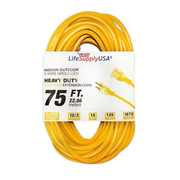 LifeSupplyUSA 75 ft. 12/3 125Volt SJTW Extension Cord LED Lighted End