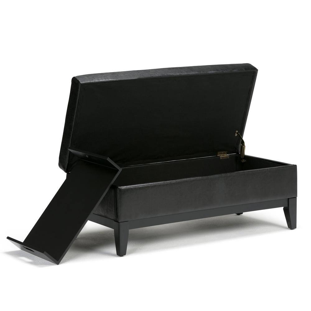 Midnight Black Tufted Faux Leather Cocktail Ottoman with Tray & Storage