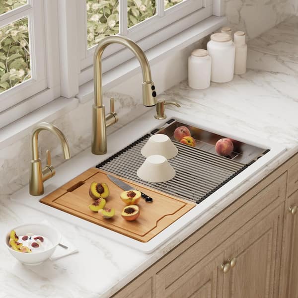 QTWS-880 Quartz/Granite 33 in. Double Bowl Drop-in Workstation Kitchen Sink in White