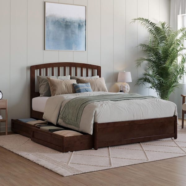 AFI Lucia Walnut Brown Solid Wood Frame Full Platform Bed with Panel Footboard and Storage Drawers