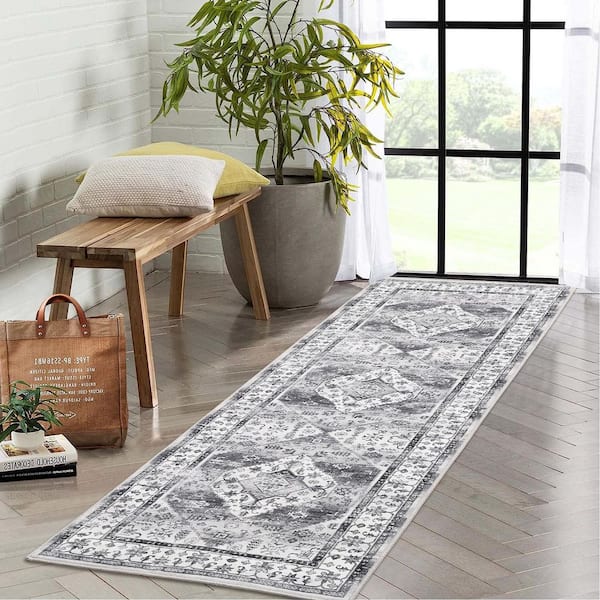 Vintage Carpet Gray 2X6ft Machine Washable Printed Deferred Short Pile Non-slip Rug Soft Foldable Indoor Rug