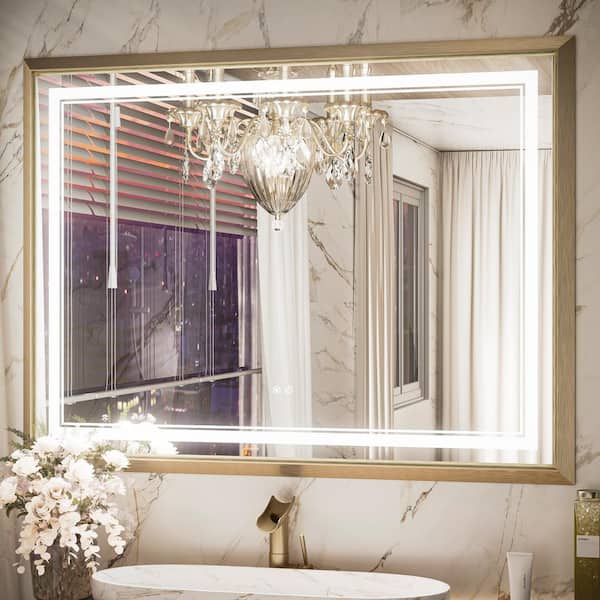 KeonJinn 48 in. W. x 36 in. H Rectangular Aluminum Framed with 3-Colors Dimmable LED Wall Mount Bathroom Vanity Mirror in Gold