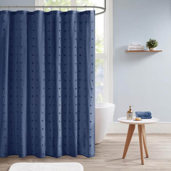 Intelligent Design Maize Indigo Blue 72 in. Cotton Jacquard Pom Pom Shower Curtain