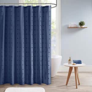 Maize Indigo Blue 72 in. Cotton Jacquard Pom Pom Shower Curtain