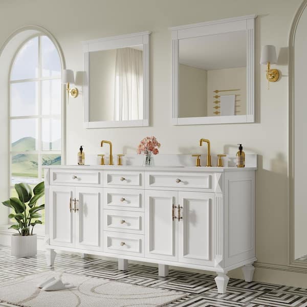 72 in. W x 22 in. D x 35 in. H Double Sink Solid Wood Bath Vanity in White with Stain-Resistant Quartz Top and 2 Mirror