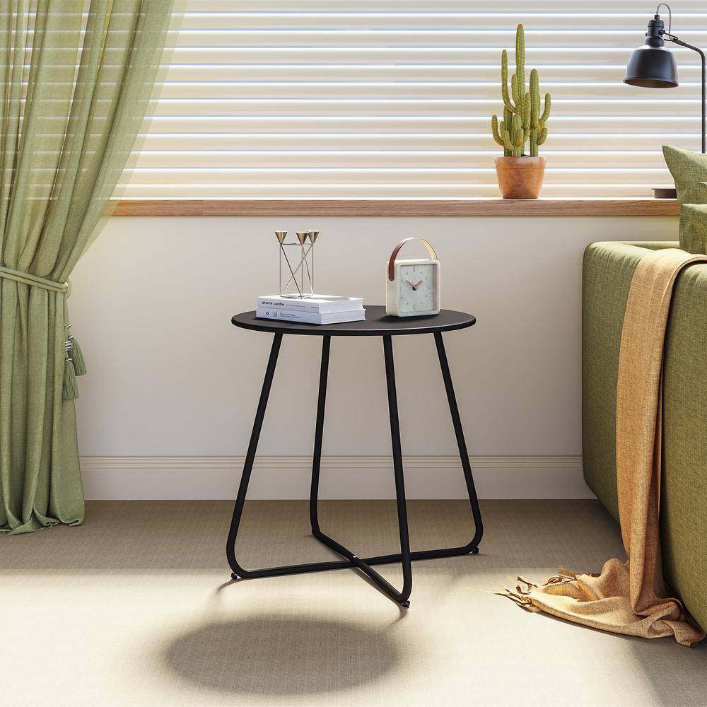 Black Round Steel Patio Side Table with Adjustable Feet