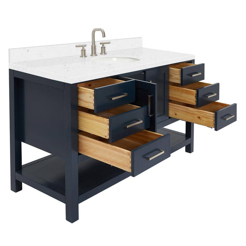 Midnight Blue Hardwood Single Bathroom Vanity with Carrara Quartz Top