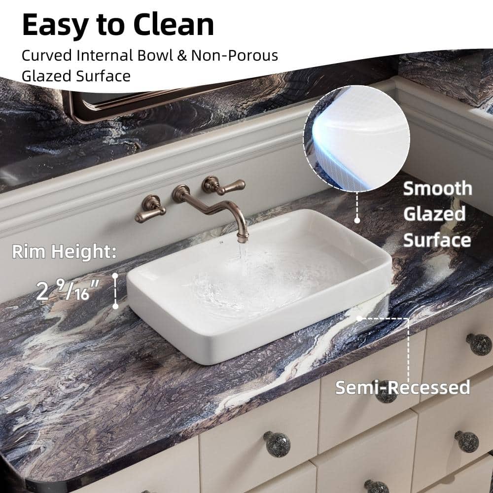 Glossy White Ceramic Rectangular Drop-In Bathroom Sink