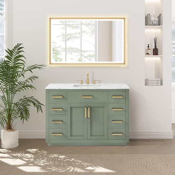 Ivy 48 in. Single Freestanding Vintage Green Bath Vanity with Carrara White Marble Top Assembled