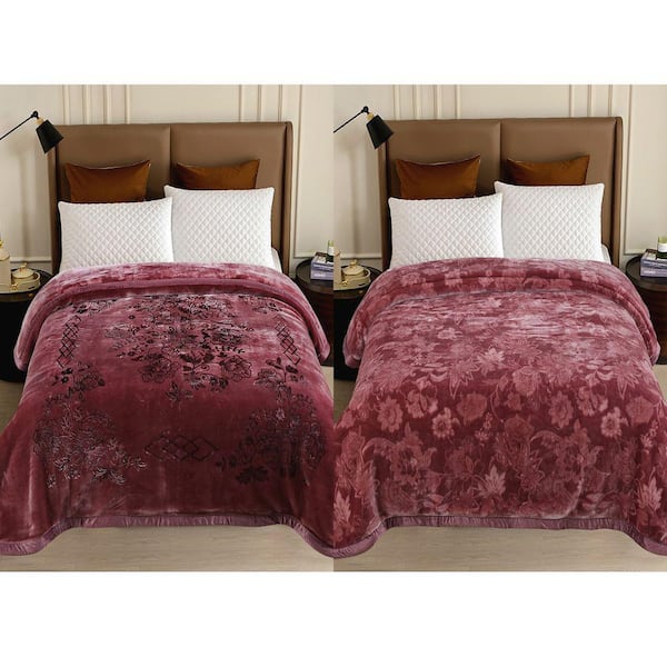 Wine 2 Ply A & B Design Embossed Polyester Fleece 87 in. x 94 in. Winter Bed Blanket, 10.5 lbs.