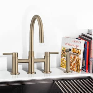 Double Handles Deck Mount Bridge Kitchen Faucet with Side Sprayer 360 Swivel Spout in Brushed Gold