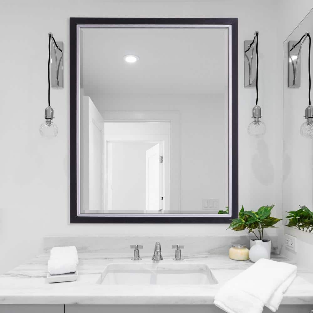 Elegant 24x30 Rectangular Wood and Silver Beveled Wall Mirror