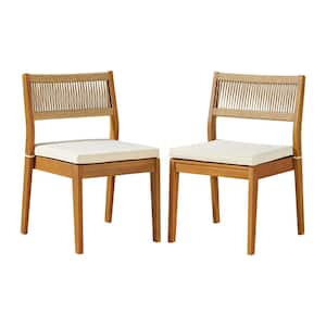 Barton Weather-Resistant Wood Stackable Outdoor Dining Chairs with White Cushions (Set of 2)