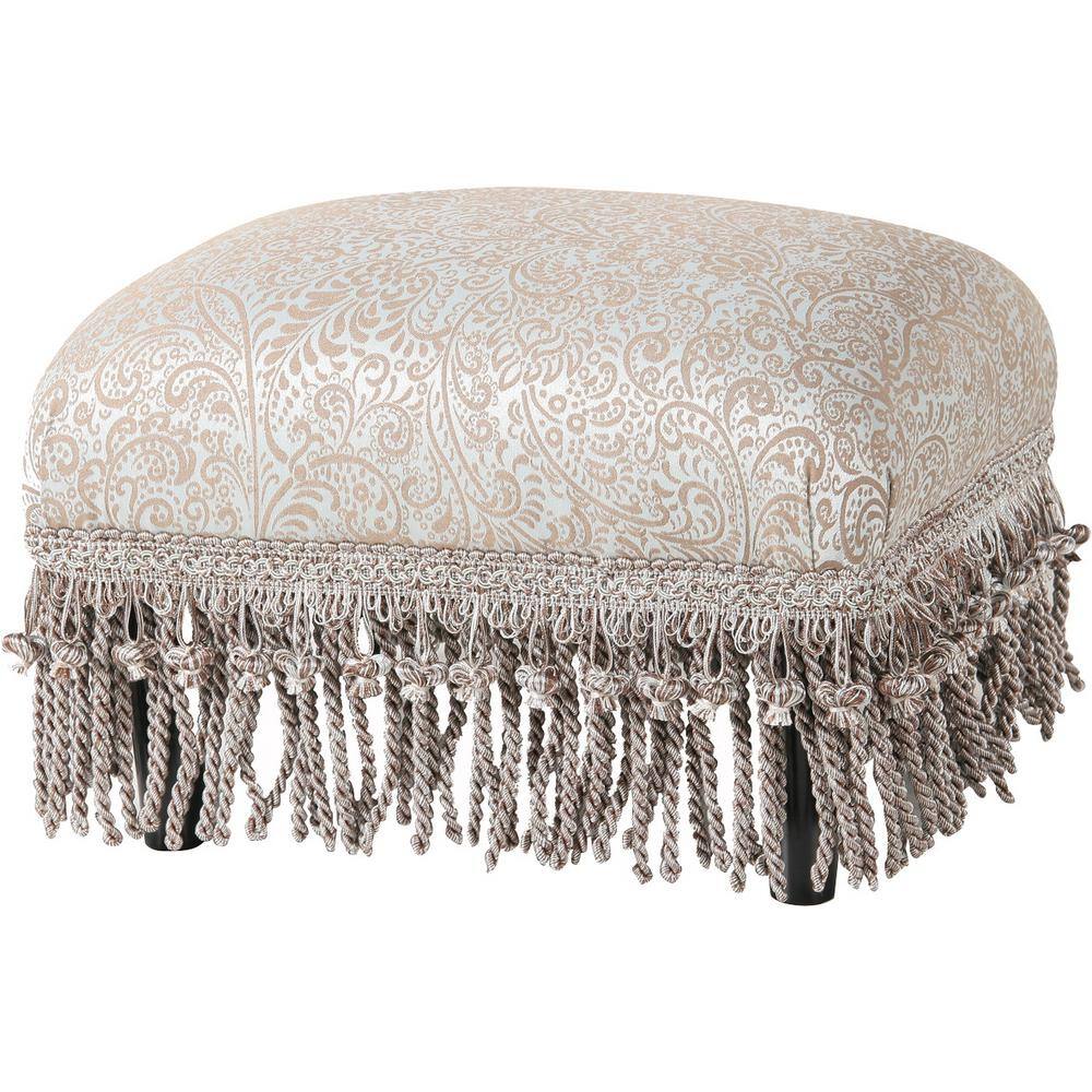 Fiona Teal Tan Polyester Traditional Footstool with Fringes