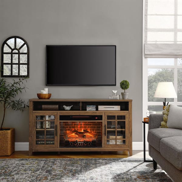 55 in. Freestanding Electric Fireplace in Brown with Electric Fireplace KD Inserts Heater and Infra Red Remote Control