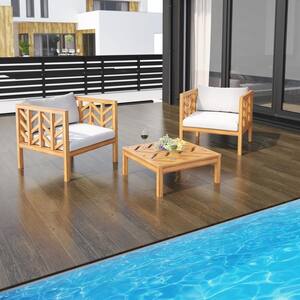 3-Piece Acacia Wood Outdoor Conversation Set with White Cushions