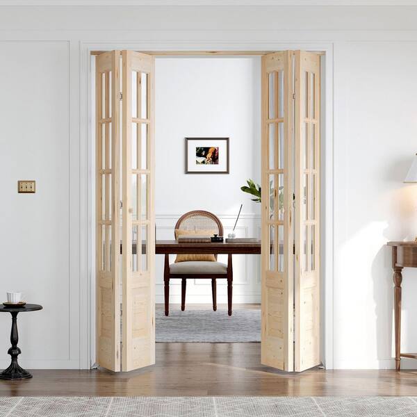 64 in. x 80 in. 3/4 Lite Preassembled Clear Glass Solid Core Wood Spruce Bi-Fold French Door with Hardware