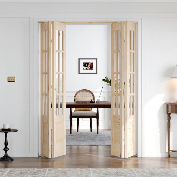 64 in. x 80 in. 3/4 Lite Preassembled Clear Glass Solid Core Wood Spruce Bi-Fold French Door with Hardware