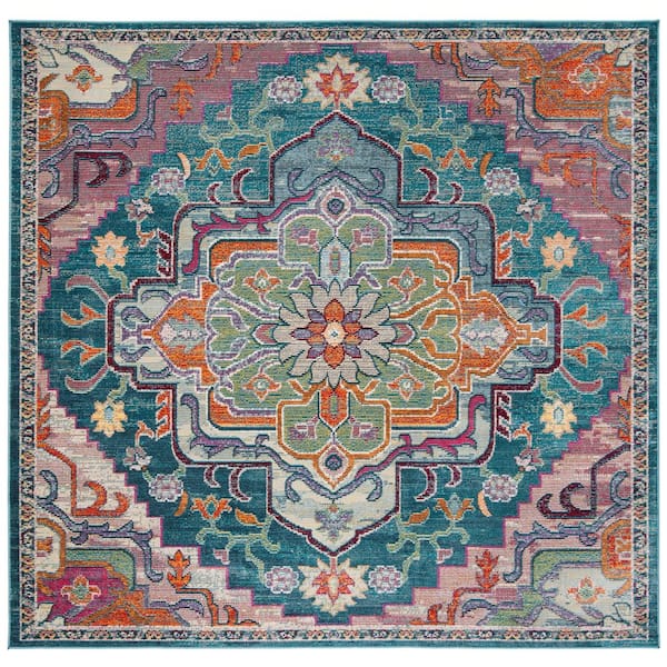 Crystal 12 ft. x 12 ft. Square Teal/Rose Distressed Border Area Rug