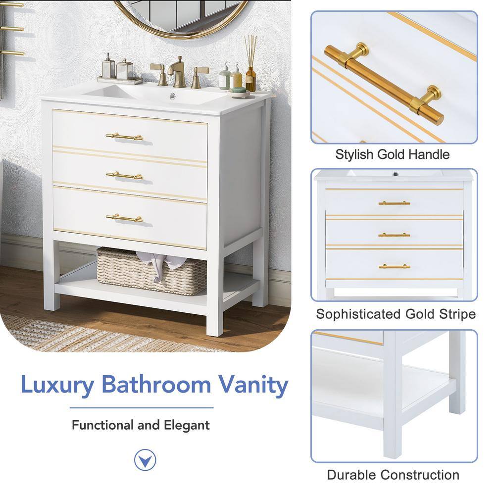 White and Gold Freestanding Single Sink Vanity with Ceramic Top