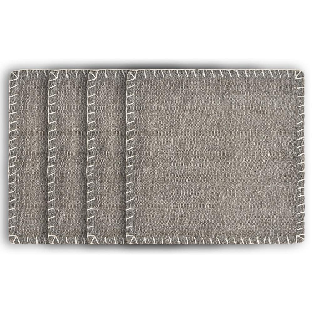 Neutral 15 in. x 15 in. Gray Embroidered Edge Square Cotton Placemat (Set o