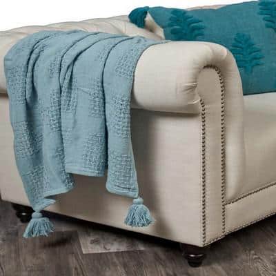 Blue Organic Cotton Waffle Weave Throw Blanket