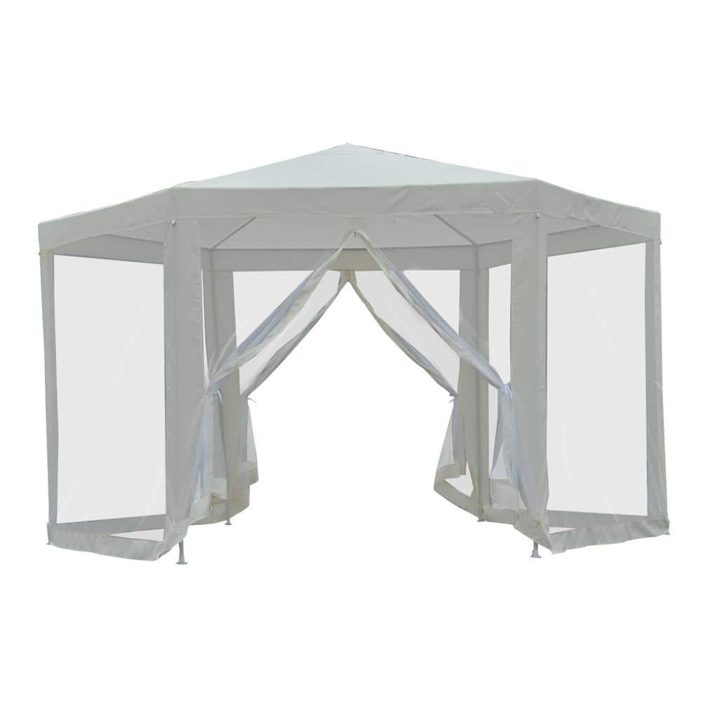 13 Ft Hexagon White Steel Frame Patio Gazebo with Mesh Walls